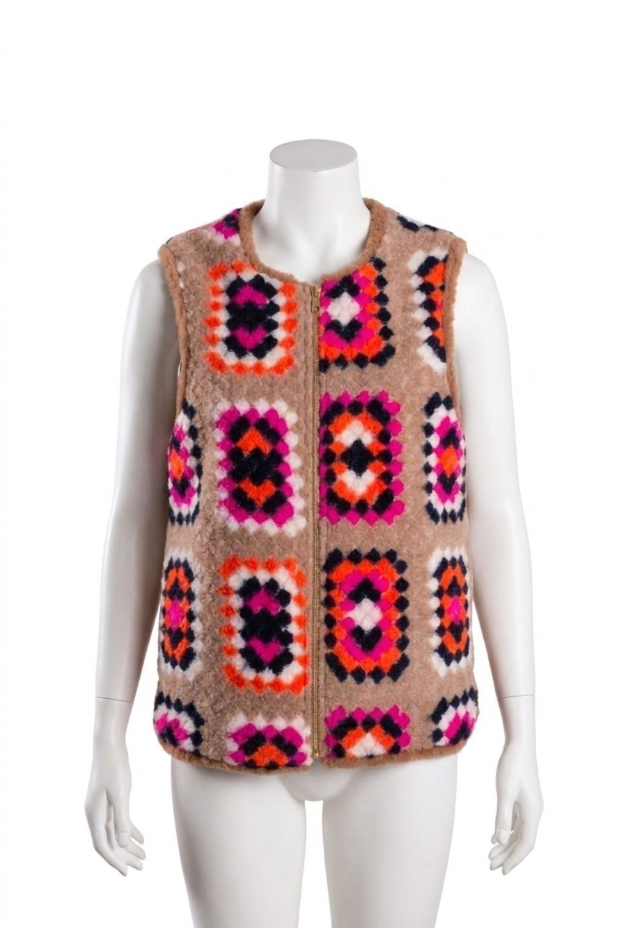 NEW VILAGALLO women's reversible crocheted vest in camel